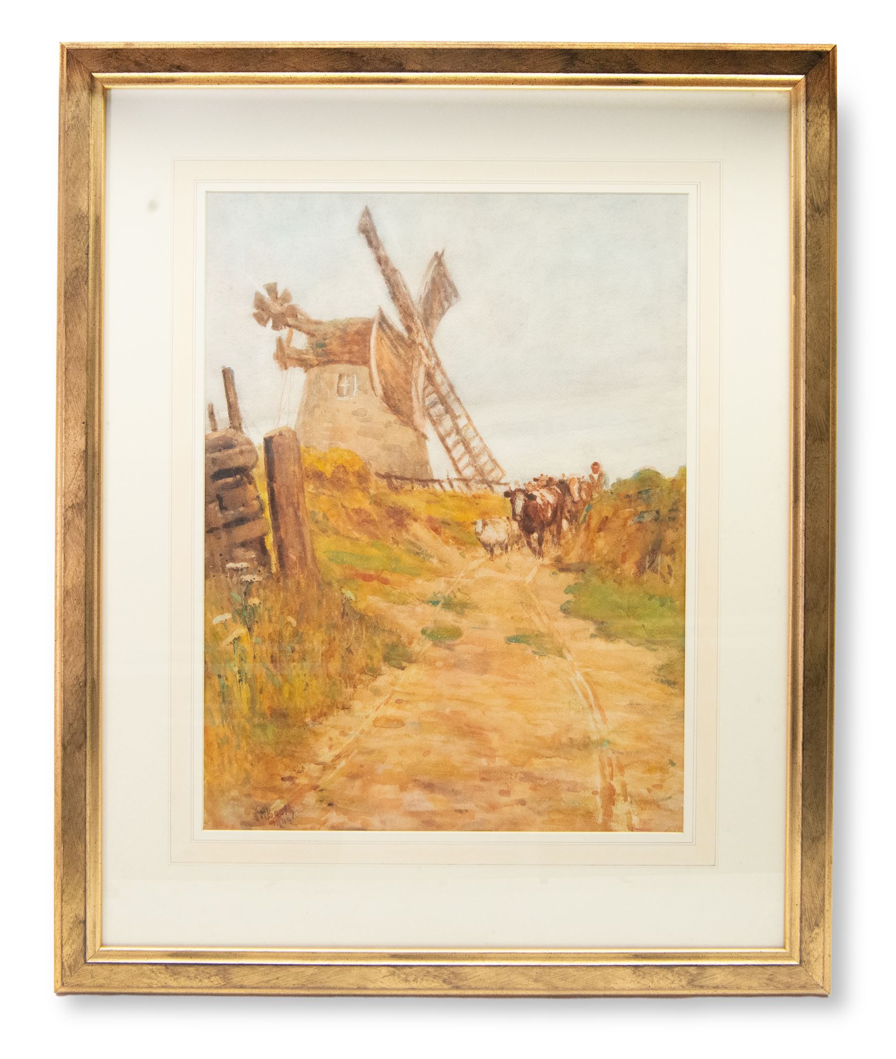 James William Booth (Staithes Group 1867-1953): Driving Cattle past Ugthorpe Mill, watercolour signed and dated 1909, 59cm x 45cm