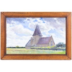 Neil Tyler (British 1945-): 'Hawsker Church', oil on board signed and titled, landscape sketch verso 29cm x 48cm