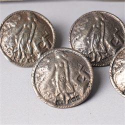 Five late Victorian silver buttons with a raised pattern of a female figure Birmingham 1900 Maker Laurence Emanuel and a silver bladed and mother of pearl fruit knife