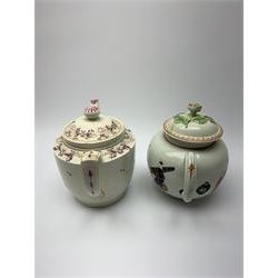 18th century Liverpool teapot, possibly Phillip Christian, decorated in polychrome enamels with Chinese figures and dogs, the matched cover with flower bud finial, H14cm, together with a pearl ware teapot, decorated in a Knitting type pattern, H14cm