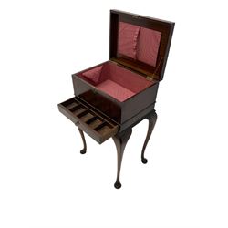Early 20th century mahogany sewing or work box, hinged lid over single drawer, raised on cabriole supports