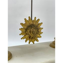 French - Late 19th century 8-day white marble and gilt metal portico clock garniture, the clock surmounted by an urn and raised on a pair of cylindrical pillars above a rectangular plinth base, white enamel dial with Arabic numerals and floral garlands, twin train countwheel striking movement, striking the hours and half hours on a bell, with a sunburst pendulum and gilt Louis XVI hands, garniture with matching twin light candelabra. With Key.   Candelabra H 30cm.