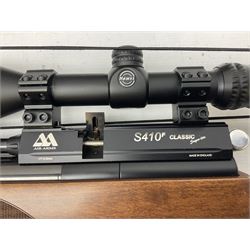 Air Arms Model S410F Classic .177 multi-shot compressed air rifle with bolt action, underside pressure gauge, chequered pistol grip, moderator and Hawke Sport HD 3-9x50 scope L112cm; in Anglo Arms camouflage sleeve with spares, tool kit, magazine and instruction manual