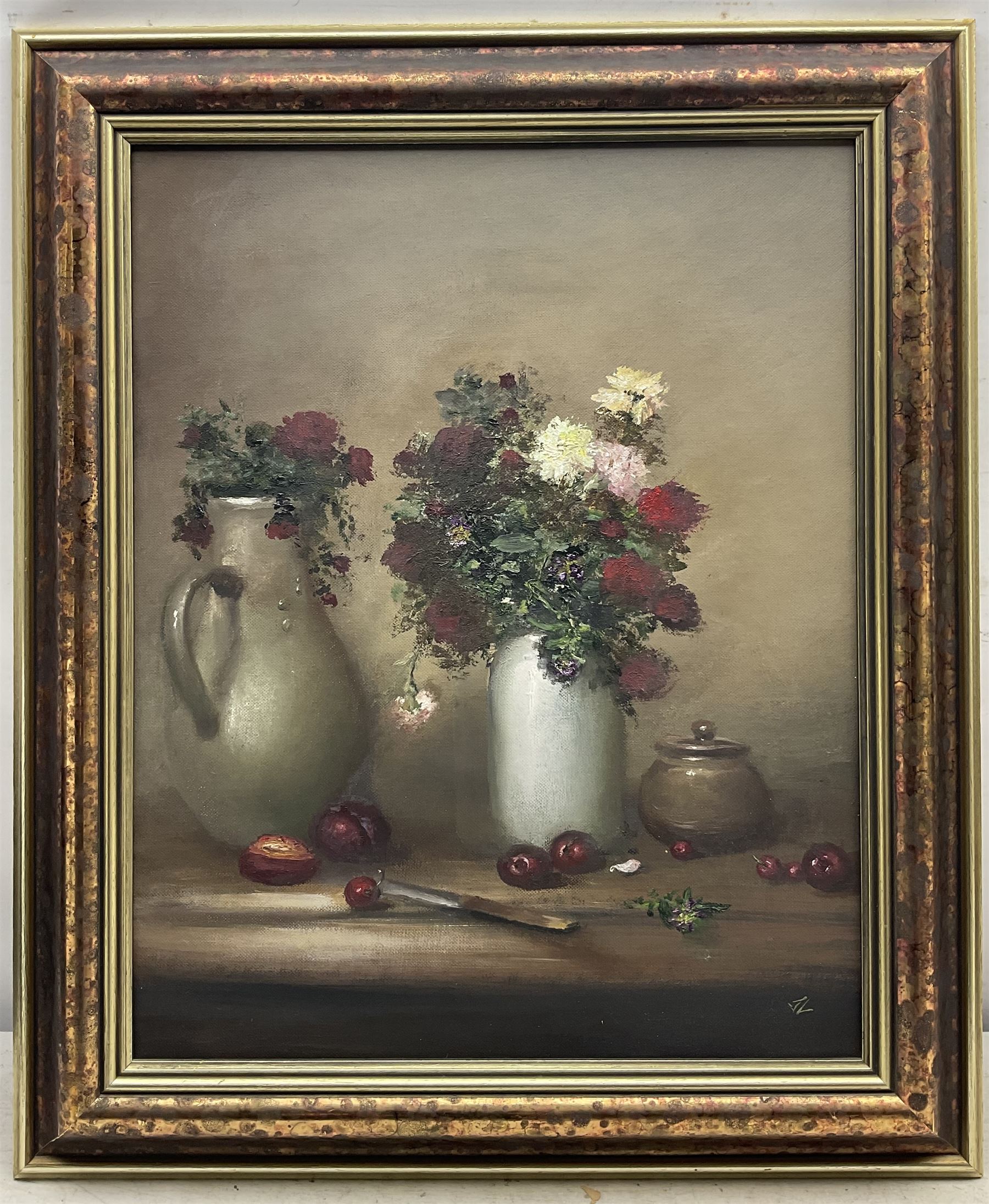 Judith Levin (British 1956-): Plums and Wilting Flowers, oil on board signed with initials 50cm x 40cm 