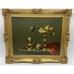 Jozsef Molnar (Hungarian 1939-): Still Life with Tazza Cup and Fruit, oil on canvas signed 