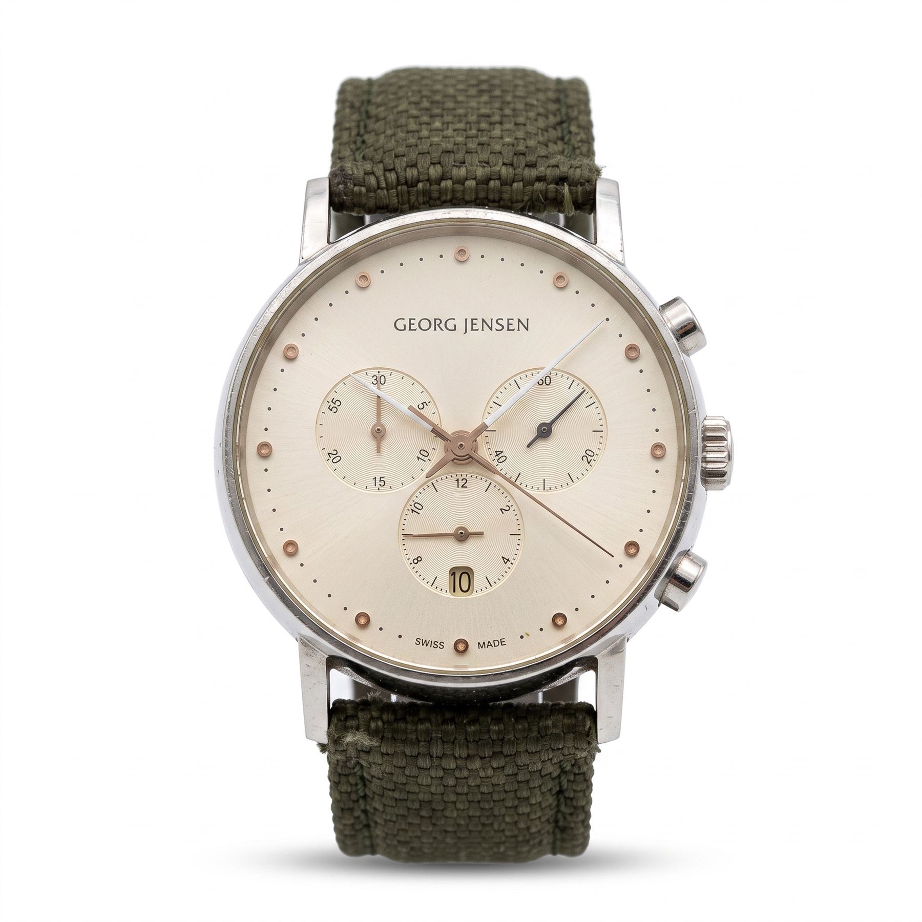 Georg Jensen gentleman's stainless steel quartz chronograph wristwatch, Ref. 517,  designed by Henning Koppel, cream / silvered dial with subsidiary seconds dials, on green fabric strap, with additional leather strap, both with stainless steel fold-over clasps by Georg Jensen, boxed