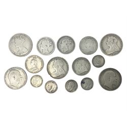 Approximately 88 grams of Great British pre-1920 silver coins, including Queen Victoria Gothic florin, 1884 shilling, King Edward VII 1910 standing Britannia florin etc 
