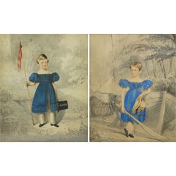 Horace Beevor Love (British 1800-1838): Full Length Portrait of Boys Wearing Blue Dresses with Nautical and Patriotic Motifs, pair of pencil drawings with watercolour, one signed and dated 1831, 25cm x 20cm (2)
Notes: until the age of breeching (5 to 7), it was customary for boys to be dressed in gowns similar to those worn by girls. Practical and symbolic it reflected the innocence of early childhood and was a mark of gentility rather than gender distinction.