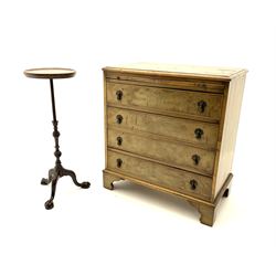 Walnut chest fitted with brush slide above four long drawers, raised on shaped bracket supports, together with a mahogany plant stand, raised on carved column, ball and claw feet 