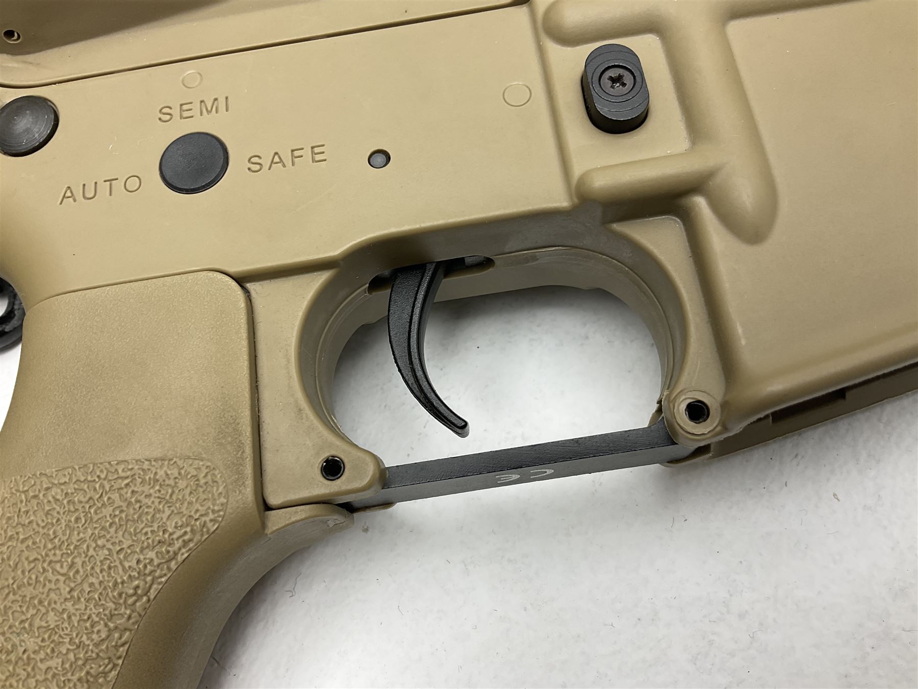 Combat Machine lithium battery powered airsoft BB rifle, 'Complete AEG Series' to fire 5mm pellets, with adjustable length stock L69cm non-extended; with six magazines, Trijicon ACOG red dot telescopic sight, battery charger etc (NO BATTERIES)