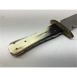 Large Bowie knife the 21cm steel blade marked J.E. Middleton & Sons Rockingham Street Sheffield with brass cross-piece and polished horn grip scales; in leather sheath L36cm overall