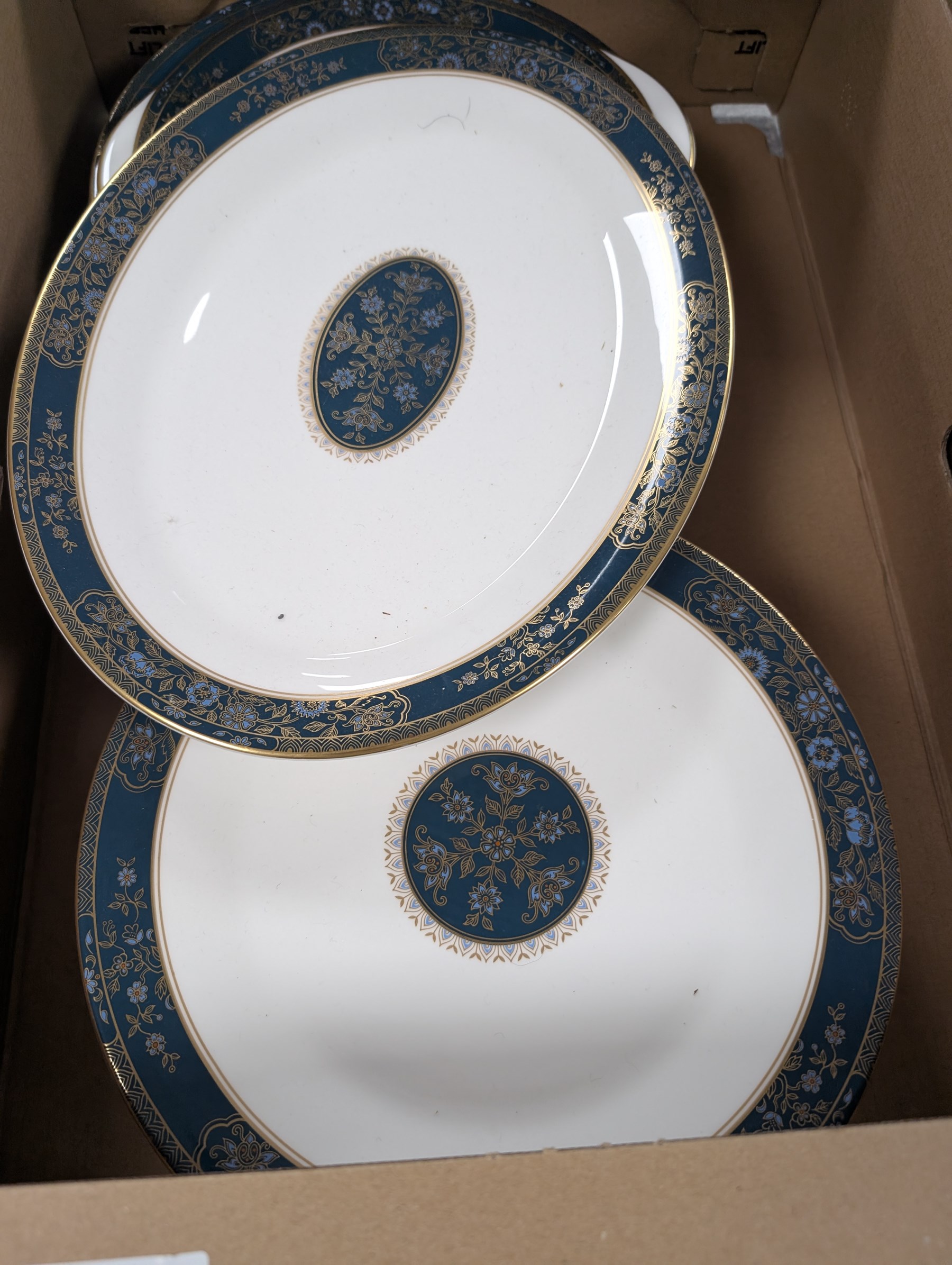 Royal Doulton Carlyle dinner wares, heavy glass candlesticks, punch bowl and lidded jars and other ceramics and glassware, in five boxes