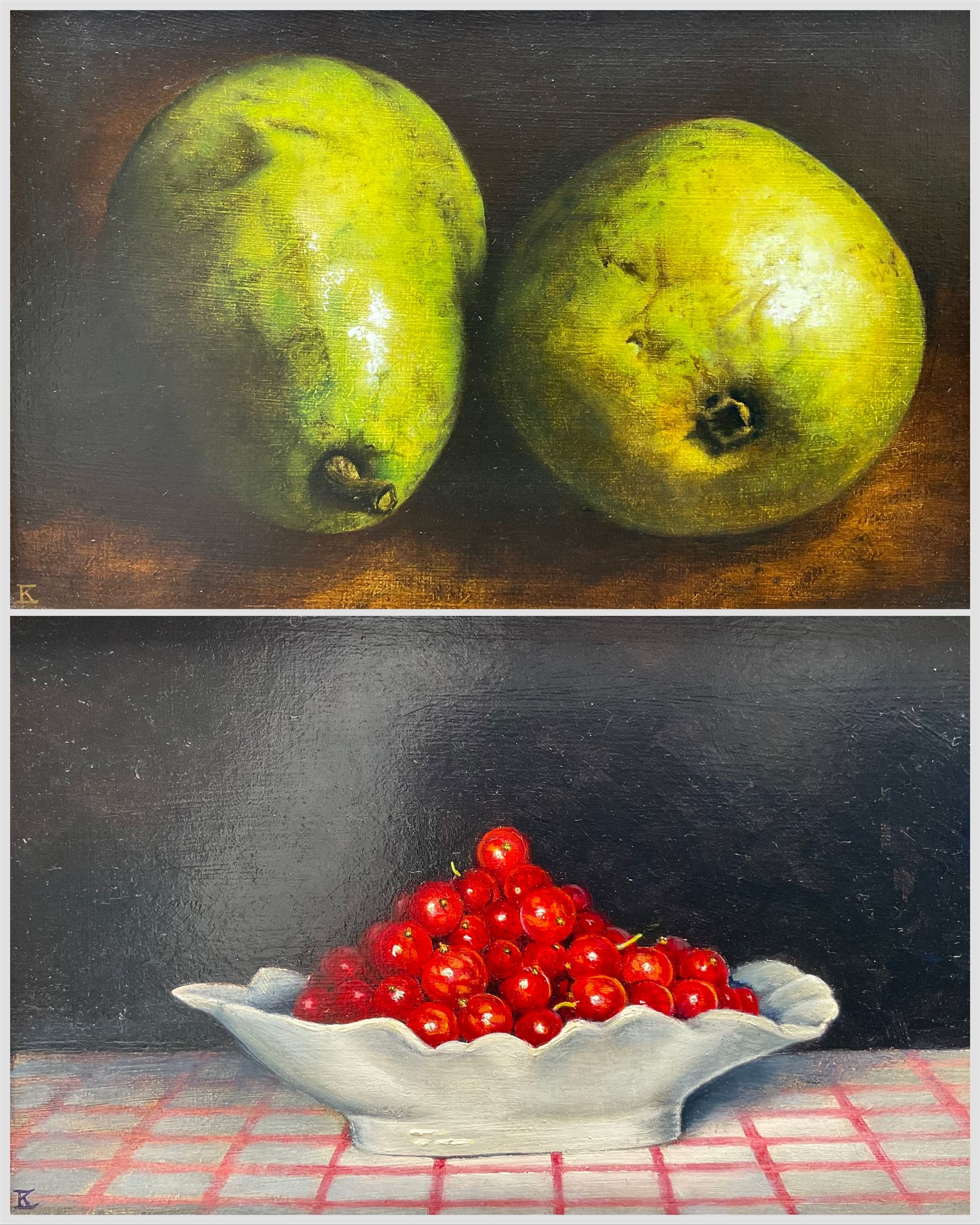 Elisabeth Klein (Contemporary): Pears and Redcurrants, two oils on board signed with monogram, max 13cm x 21cm (2)