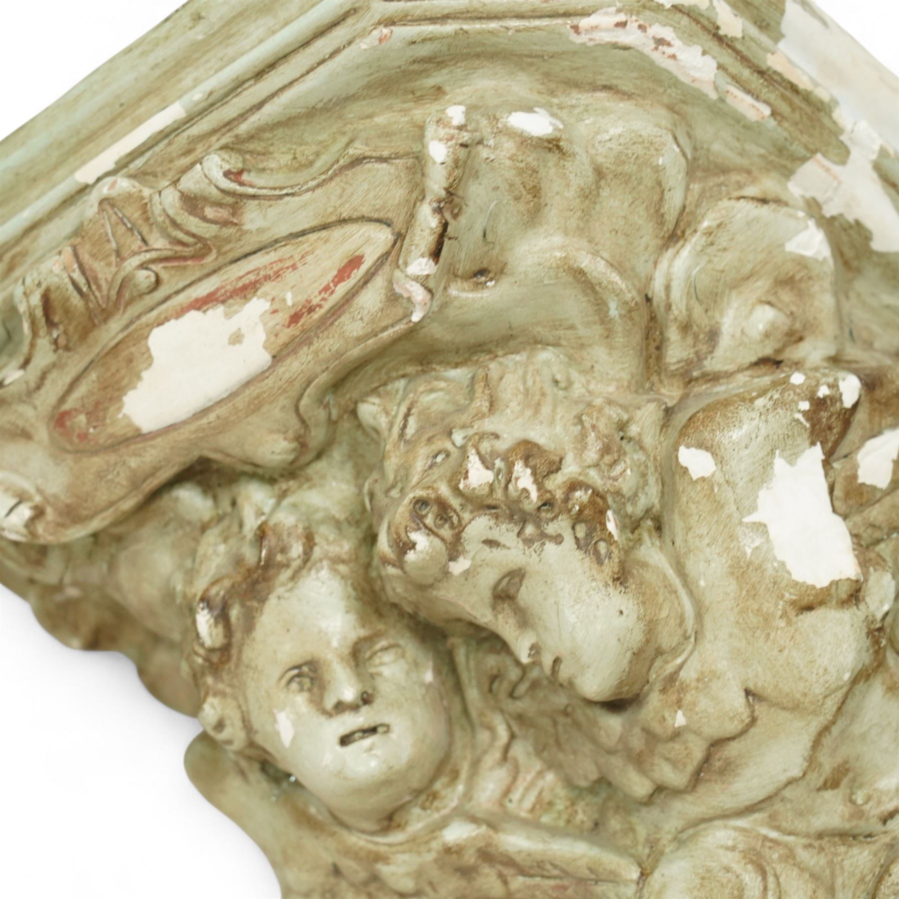 Set of three Belgian wall cornices, each with moulded shelf top above polychrome painted cherubic and rococo scroll ornament

Pale green (H 43cm, D 42cm, W 39cm)
Painted cherubs (H 51cm, D 47cm, W 49cm)
Darker green (H 46cm, D 42cm, W 50cm)