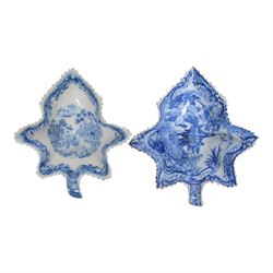 Two early 19th century leaf shape pickle dish, each blue and white transfer printed, the f...