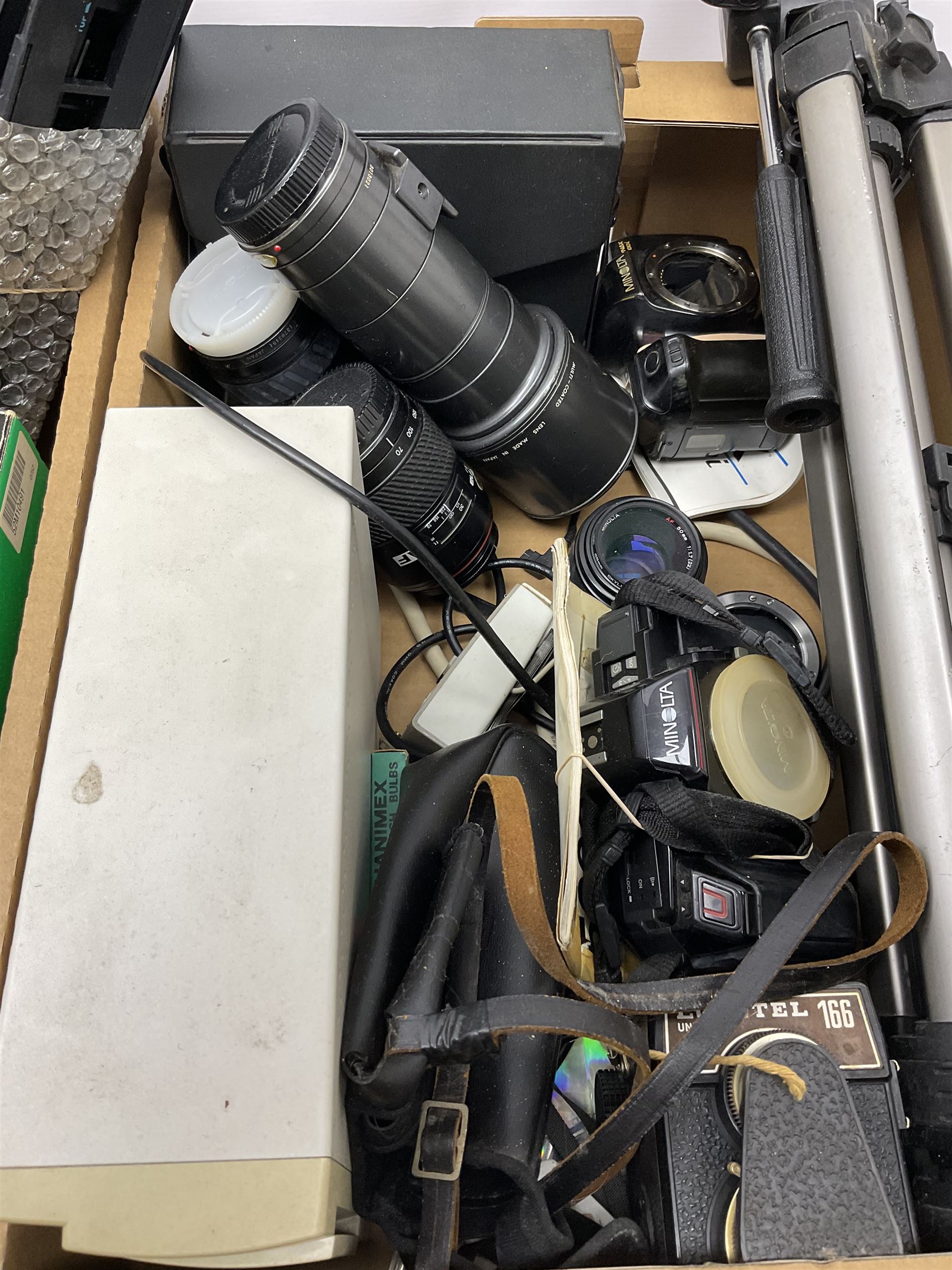 Cameras and related equipment including Fujifilm FinePix S5500, Minolta and other lenses, various camera bodies, soft case camera bag etc and a pair of Aico 10X50 binoculars, in two boxes (all untested)
