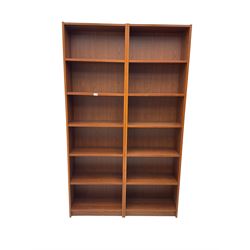 IKEA - pair oak finish open bookcases fitted with five adjustable shelves (60cm x 29cm x 203cm); matching 'Gnedby' tower bookcase (2cm x 17cm x 203cm); and pair 'Billy' corner bookcases fitted with two adjustable shelves (32cm x 28cm x 106cm) (5)