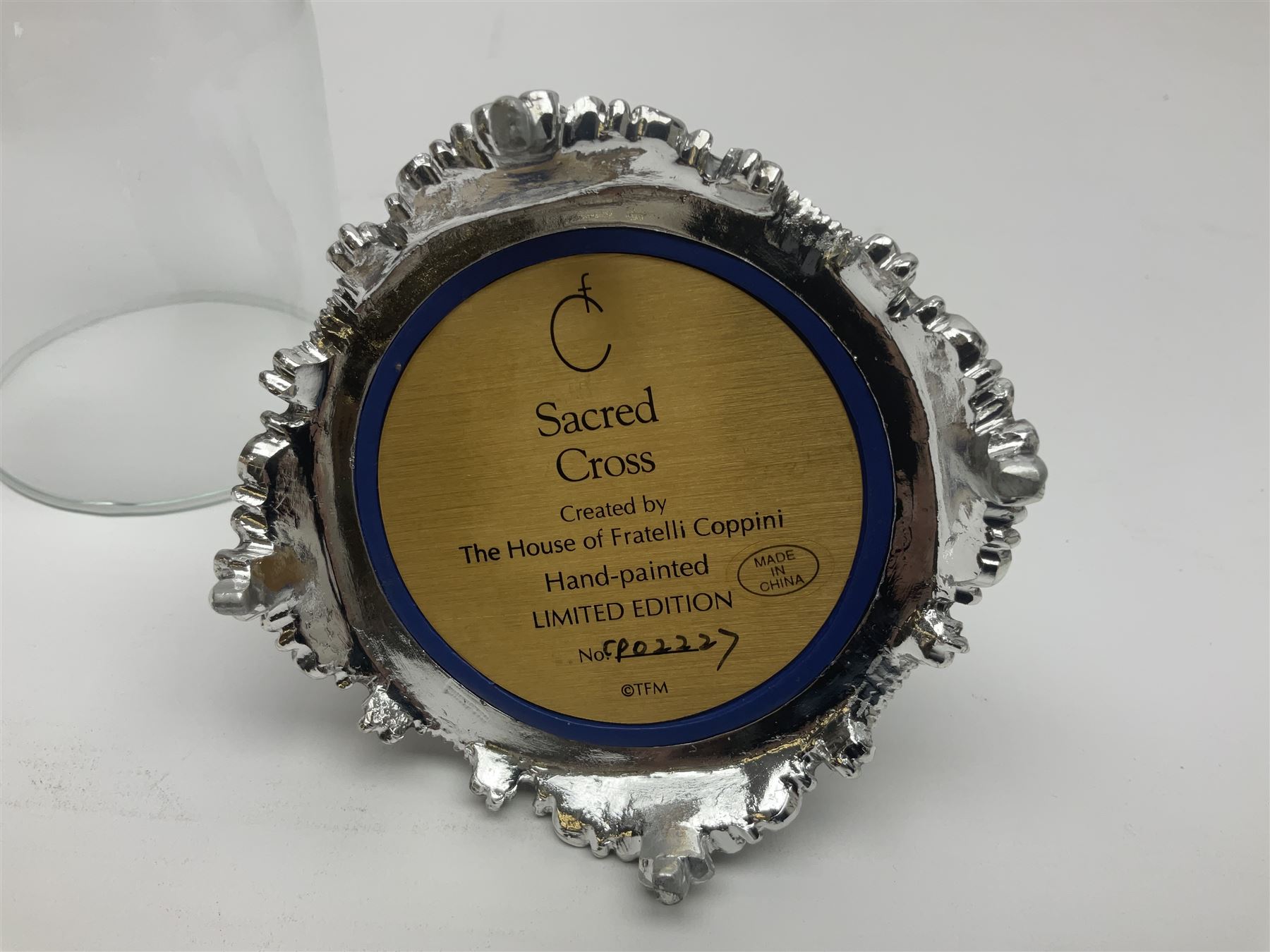 Four limited edition Franklin Mint House of Fratelli Coppini crosses, to include Majestic Cross, Sacred Cross, Star of Hope Jewelled Cross and The Gates to Paradise Cross, all under glass domes, H13cm