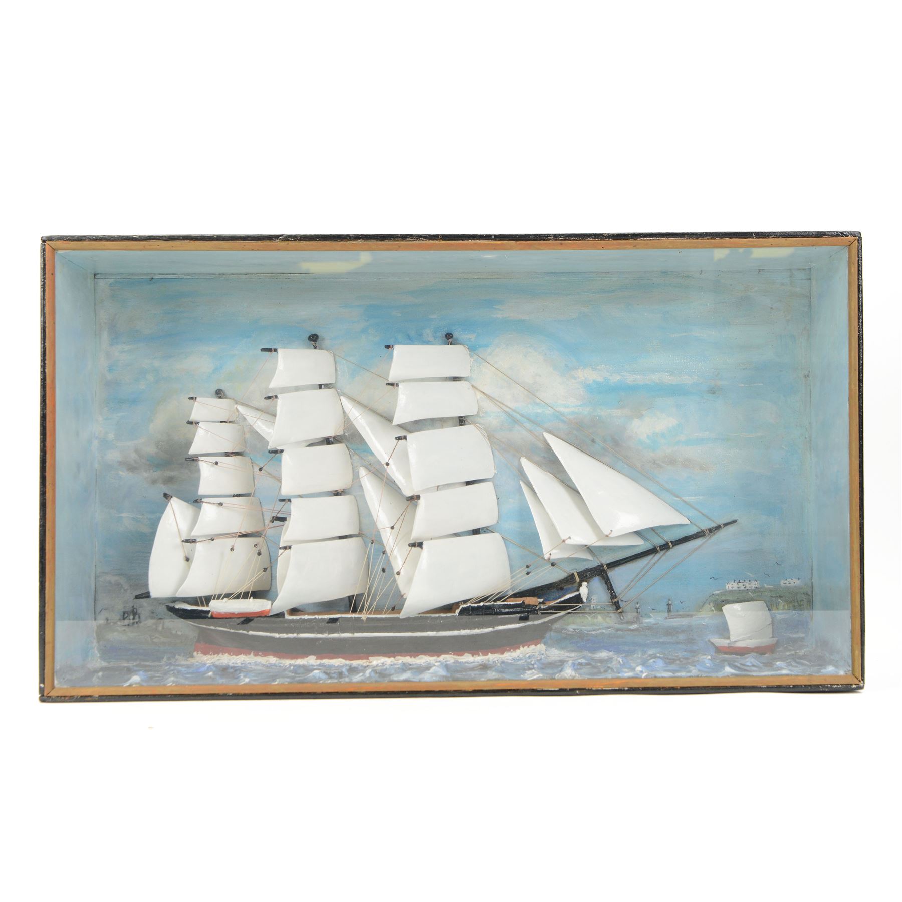 19th century half block ship diorama, depicting a three-masted clipper ship at full sail off Whitby, with a painted seascape backdrop, in glazed wooden case, H36cm, W64cm