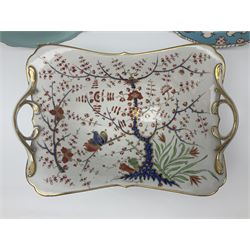 19th century Royal Crown Derby in cherry tree pattern, twin handled sauce dish and saucer and twin handled dish, together with three Royal Crown Derby plates, including one signed WEJ Dean