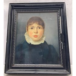 English School (Early 19th century): Portrait of 'Thomas Shepherd Noble' as a Young Boy, oil on canvas unsigned, inscribed verso 29cm x 23cm 
Notes: Noble, born in Northallerton on 3rd March 1826 to John and Hannah Noble, married Amelia Winifred Anderson 1850 in York. He is recorded as working as a Attorney of Law and Solicitor in Chancery, living in Gillygate, York in 1861 with wife Amelia & children, then later as a widower at Precentors Court, York in 1901. He died on 15th June 1910.