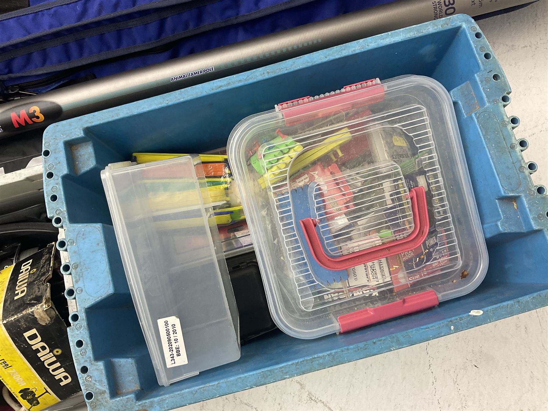 Fishing equipment, comprising reels to include Daiwa No.7300, boxed, Quick GLX 840, Quantum Heat BCS 350, okuma etc, together with various tackle, various poles, split canes and rods to include Middy Xtreme, Shakespeare Quo Carp, etc, many in bags