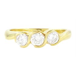 18ct gold diamond three stone ring, half bezel set with round brilliant cut diamonds, Lond...