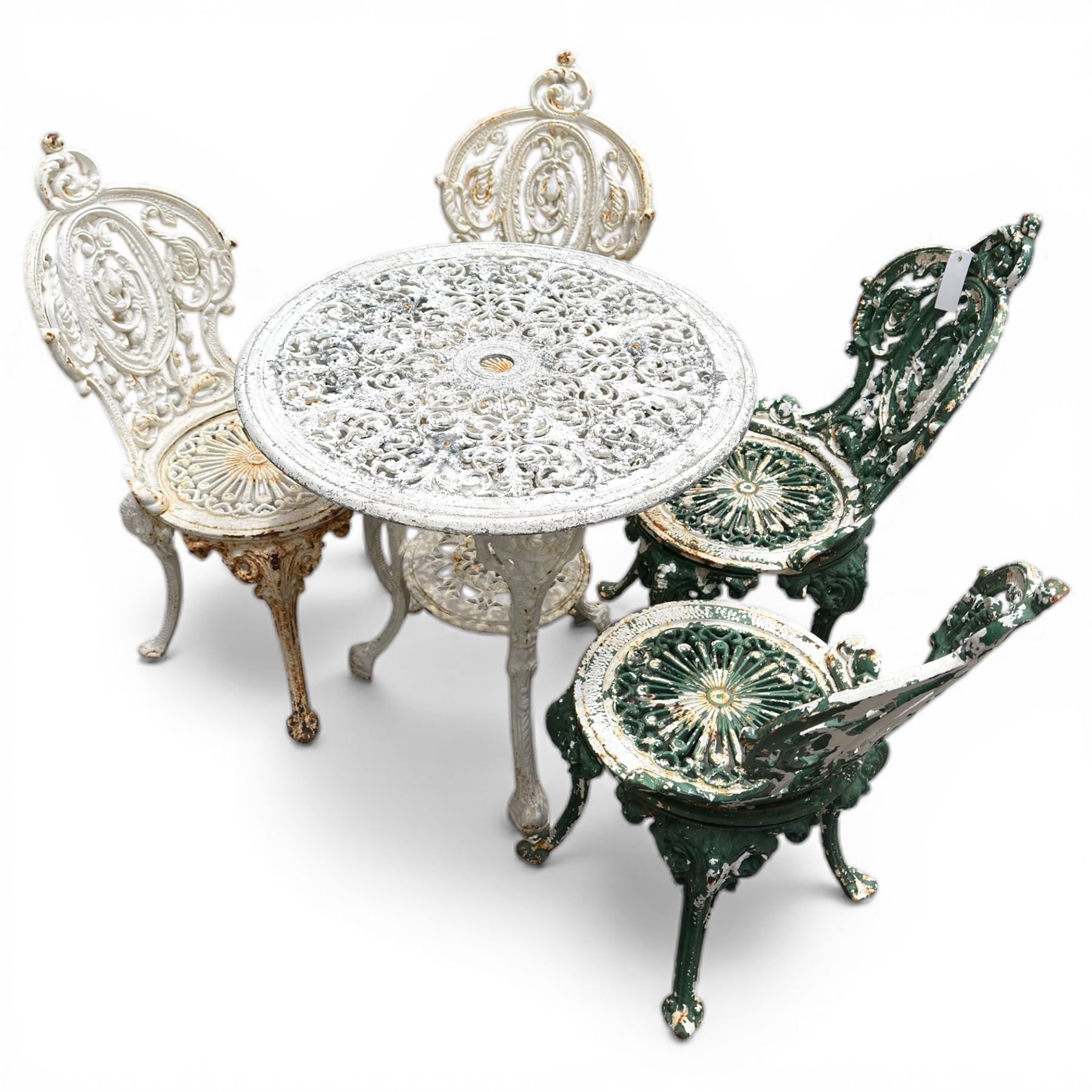 Victorian cast iron white painted garden table with aluminium top and cast iron chairs