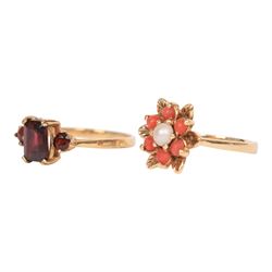Gold coral and pearl ring and a gold three stone garnet ring, both hallmarked 9ct