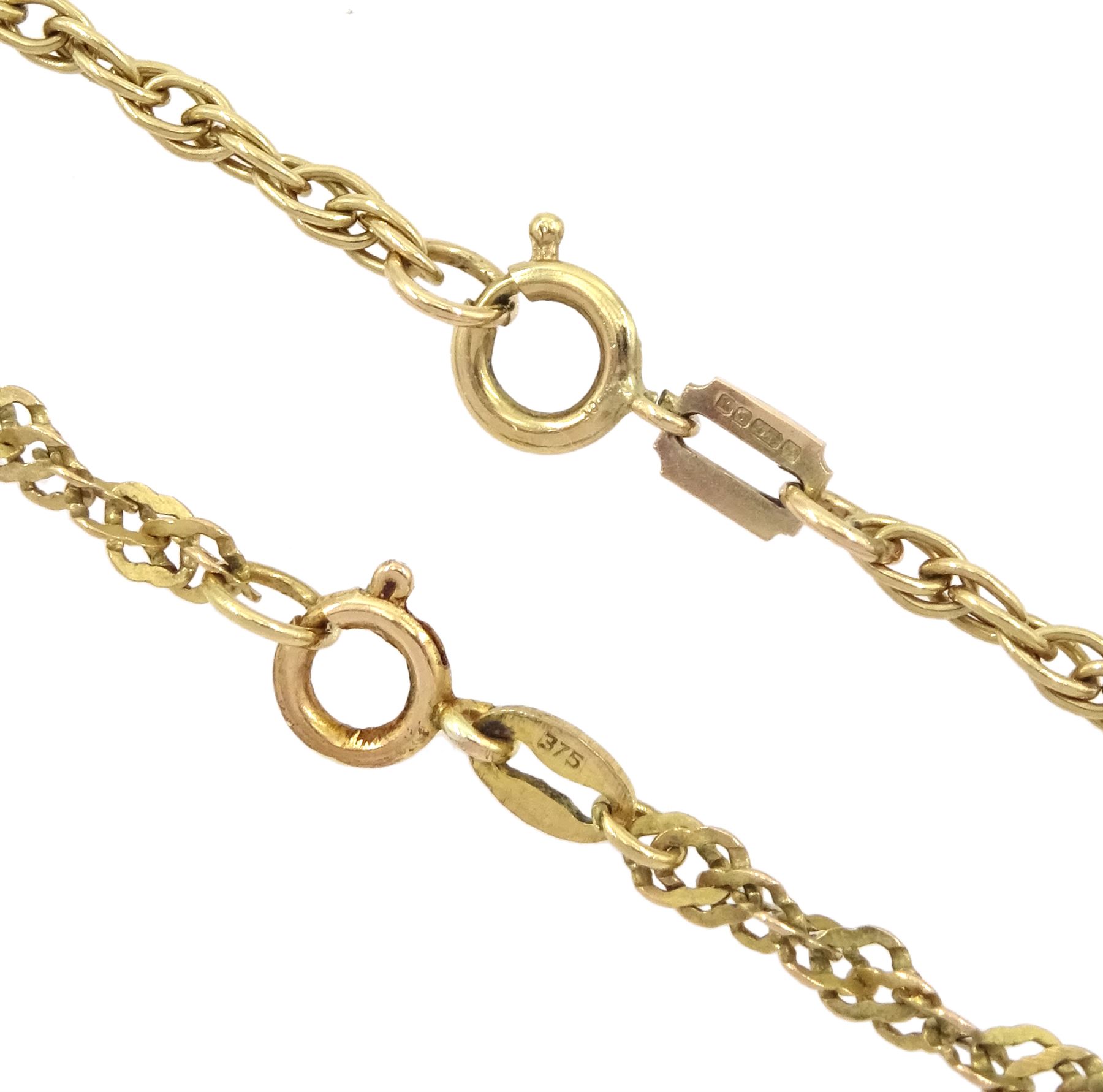 9ct gold Aries zodiac pendant necklace and one other 17ct gold Aries pendant, on 9ct gold chain