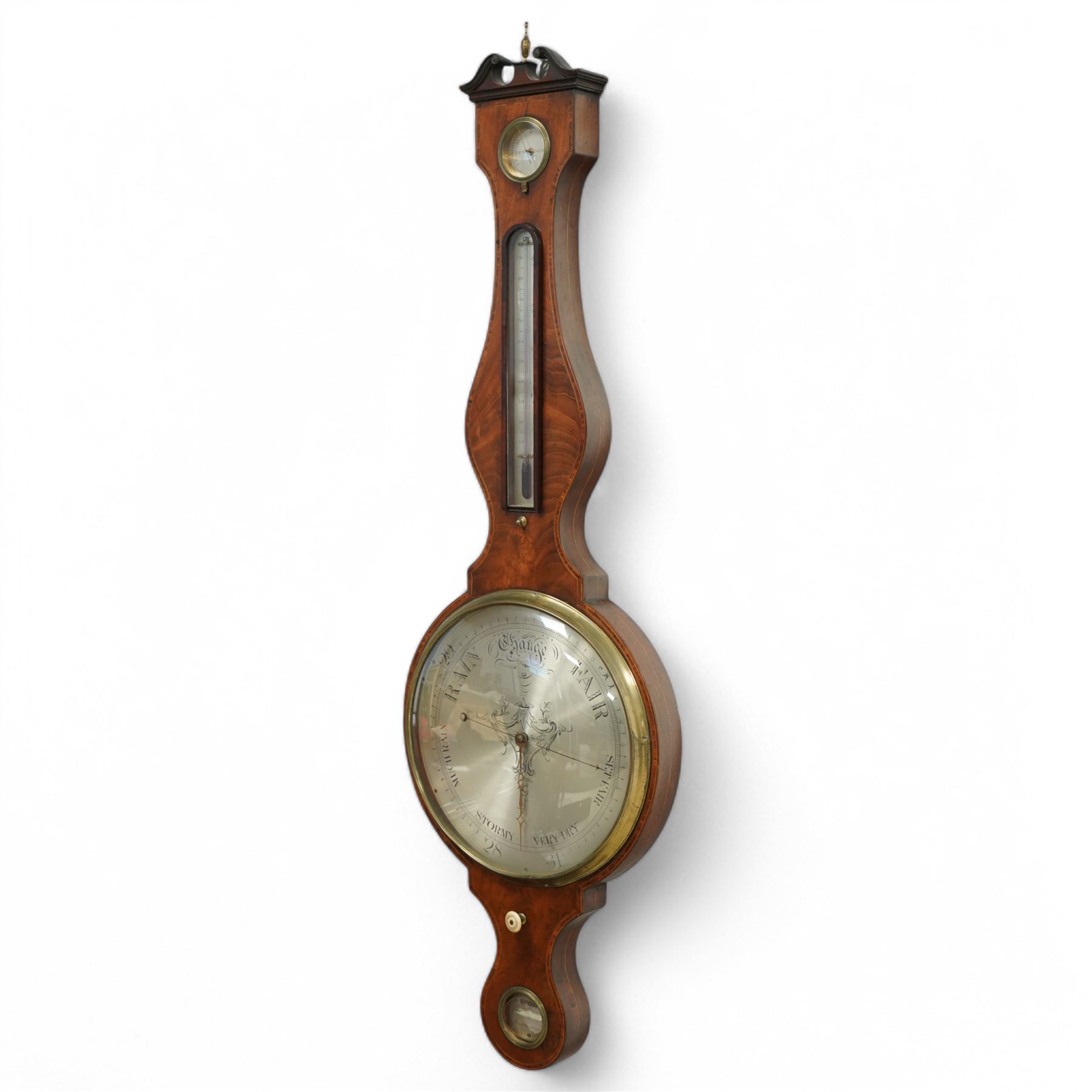 Zanetti of Manchester- late 19th century wheel barometer in a mahogany case with a break arch pediment, brass finial and rounded base, with a hydrometer, spirit bubble and boxed spirit thermometer, 12