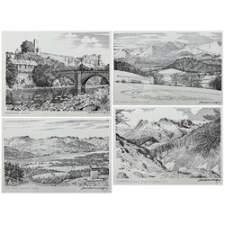 Alfred Wainwright MBE (British 1907-1991): 'Richmond Castle' 'Langdale Pikes from Lingmoor Fell' 'The North-Western Fells' and 'View from Orrest Head', four monochrome prints each signed in pen by the artist max 18cm x 23cm (4)