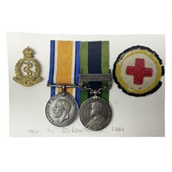 George V India General Service Medal with Afghanistan N.W.F. 1919 clasp and WW1 British War Medal awarded to 79561 Pte. R.D. Rowbottom R.A.M.C.; both with ribbons; card mounted with cap badge and Medical Corps cloth badge