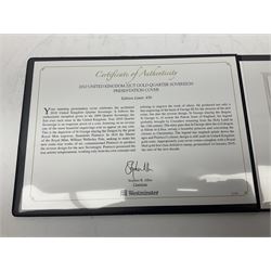 Queen Elizabeth II 2010 gold quarter sovereign coin, housed in a Mercury presentation cover, in Westminster folder with certificate