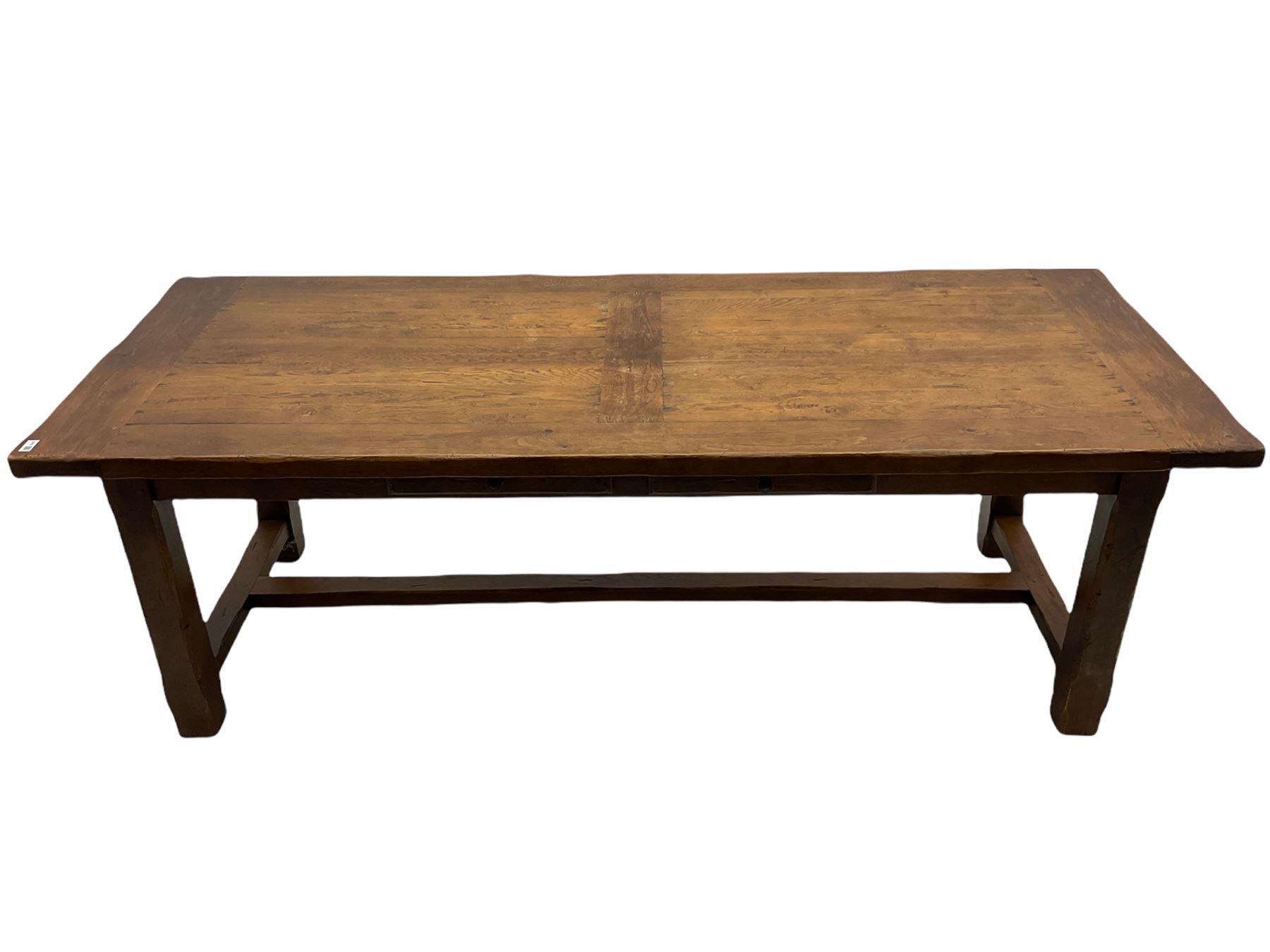 Antix French oak dining table with two leaves, two frieze drawers;, and six ladder back chairs with rush seats