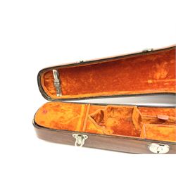 Continental American walnut violin case with orange velvet lining, the bow clasps marked 'L.H.F. Astra Bte. S.G.D.G.', L79.5cm