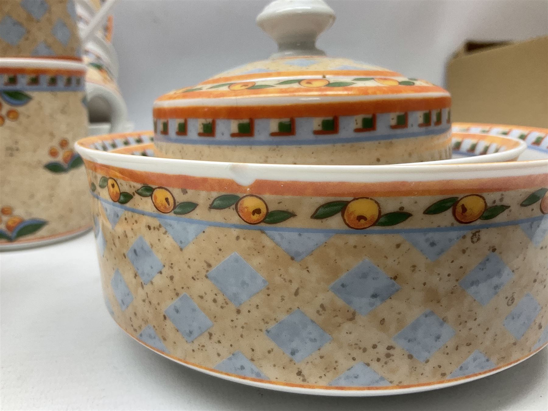 Villeroy & Boch Gallo design Switch 4 Naranja & Nazare pattern tea and dinner wares, to include seven dinner plates, twin handled lidded tureen, five mugs, four saucers, jug, lidded sucrier, large bowl,  seven ramekins, various side plates, two bowls etc