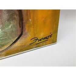 Francis Perera (Sri Lankan 1931-): 'Divided Love', oil on canvas signed, titled verso 73cm x 86cm (unframed)
Notes: Perera a noted Sri Lankan artist has had many solo exhibitions both in his home country and overseas. He is a six time winner of the Presidential Award, represented Sri Lanka in Washington DC to commemorate the 50th anniversary of its independence, exhibited at the Royal Commonwealth Society in 2002, and at the 20th International Art Festival in Germany.