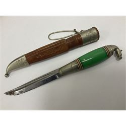 Two Scandinavian bowie knives, the first example with polished green handle with horse head final in white metal, with brown leather sheath, blade L6cm overall L12cm, the second with a polished bone handle, in black sheath with white metal tip, blade L11cm overall 23cm