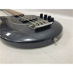 Music Man Bongo 4 string bass guitar, in sapphire black finish, serial no F42547, in black Music Man hard case, guitar L113cm