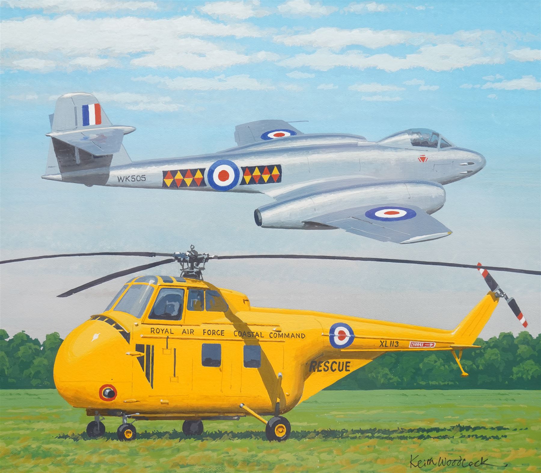 Keith Woodcock (British Contemporary): 'Gloster Meteor and Westfield Whirlwind', gouache signed for set of six stamps pub. Isle of Man Post office, framed together with the RAF First Day Covers 23cm x 26cm