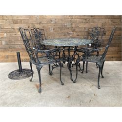Victorian design painted aluminium circular garden table and four chairs, with parasol base