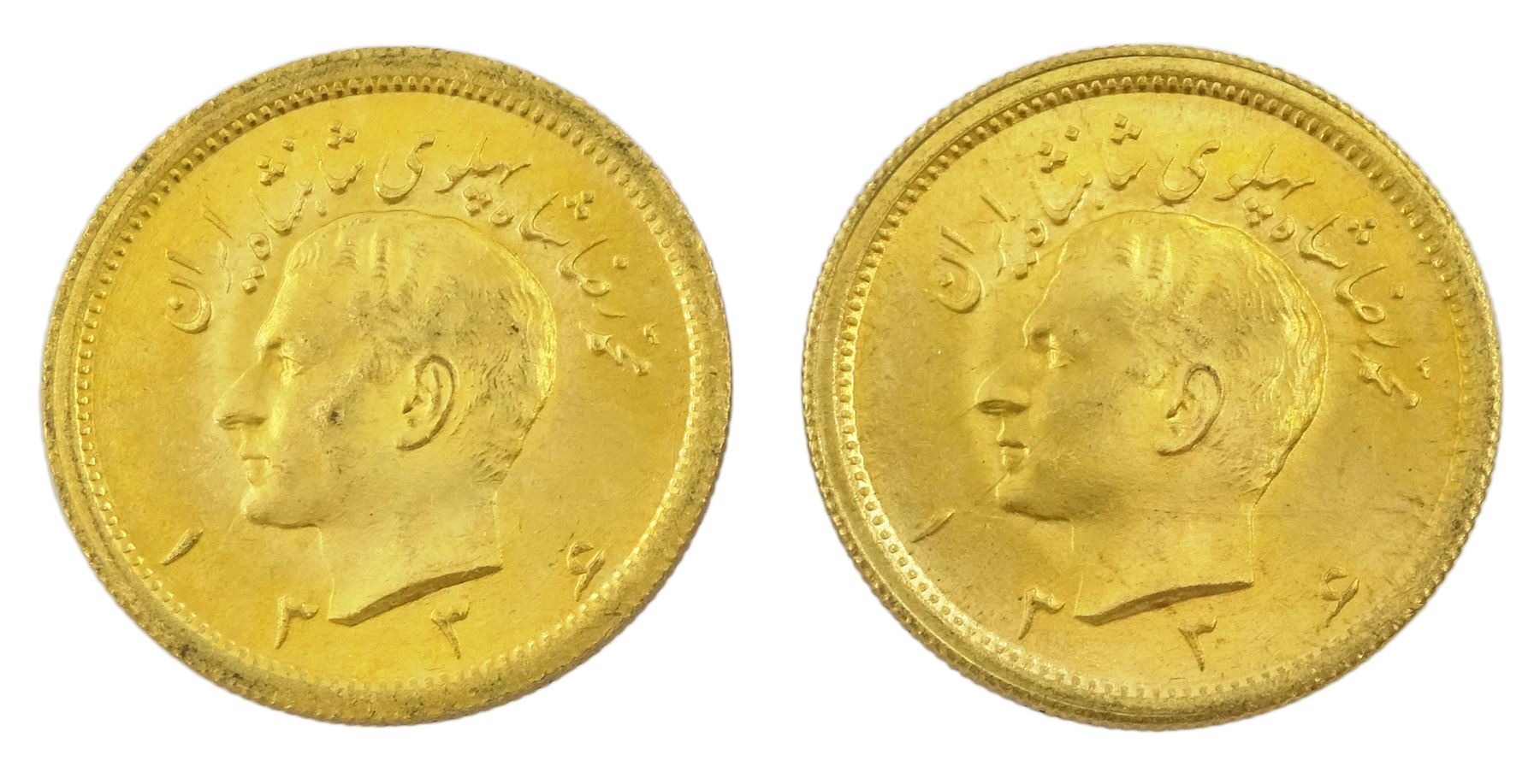 Two Persia (Iran) Mohammed Reza Shah 1 Pahlavi gold coins, 1945-1979               