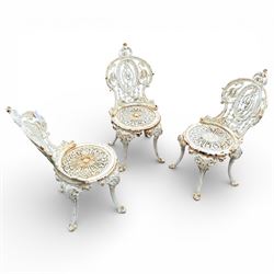 Victorian cast iron white painted garden chairs and table with aluminium top