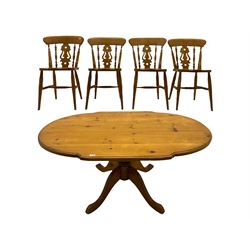 Solid pine oval pedestal dining table, and four farmhouse chairs