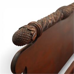 Early 19th century Regency carved mahogany four poster double bed, 4'6, the shaped headboard and footboard each surmounted by a finely carved pinecone and foliate moulded rail, flanked by ring turned and boldly spiral carved tapering posts with acorn finials, raised on square section legs, with slatted base