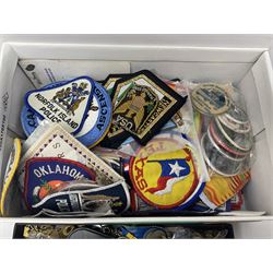 Large collection of vintage enamel and similar badges, including silver examples, together with embroidered patches and plastic badges