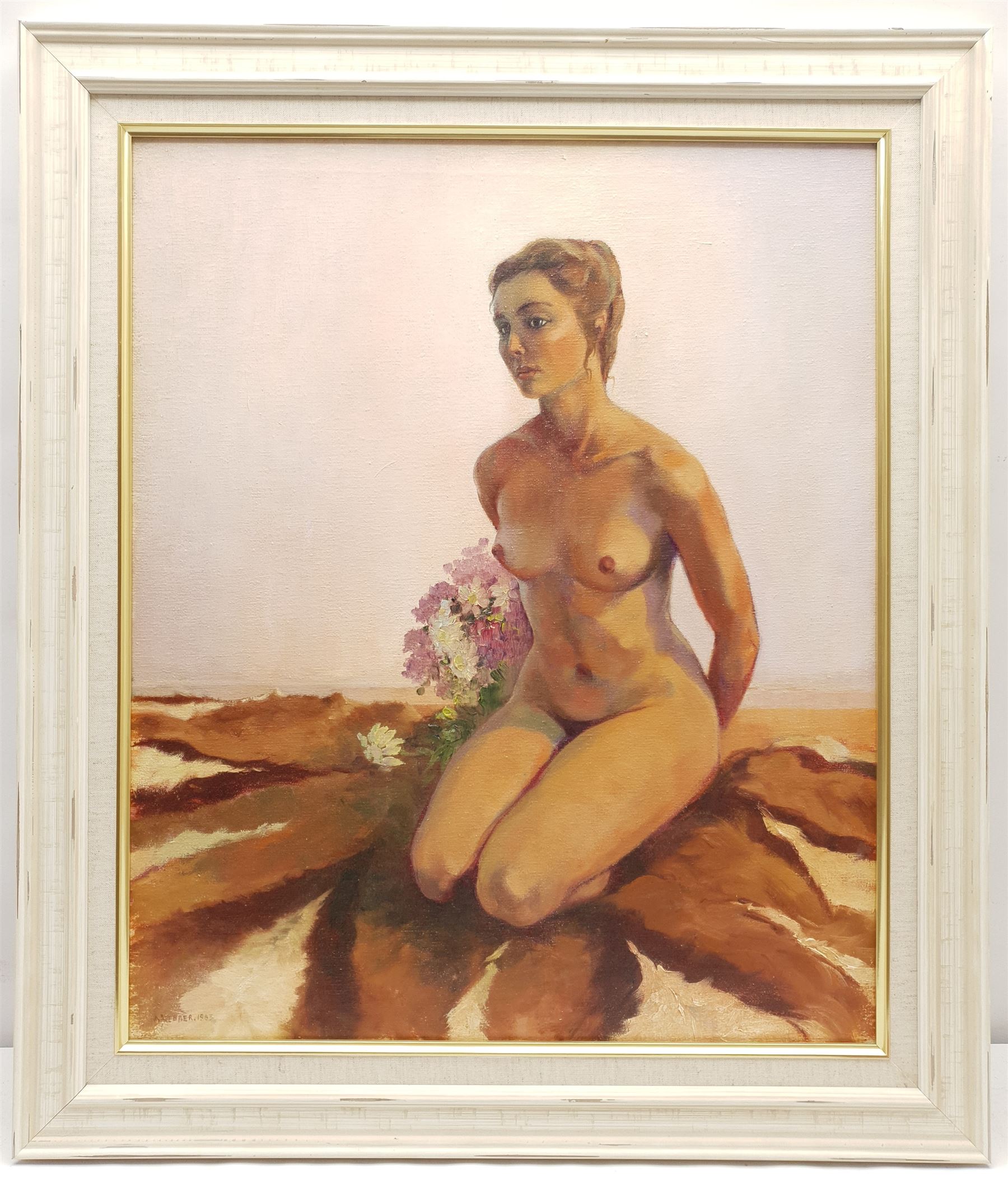 A Webber (British 20th century): 'Sarah’s Bouquet', oil on canvas signed and dated 1983, titled on the stretcher verso 50cm x 60cm