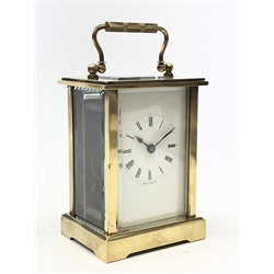  Early 20th carriage timepiece with white enamel Roman dial and bevelled glass panels, with new platform, H15cm  