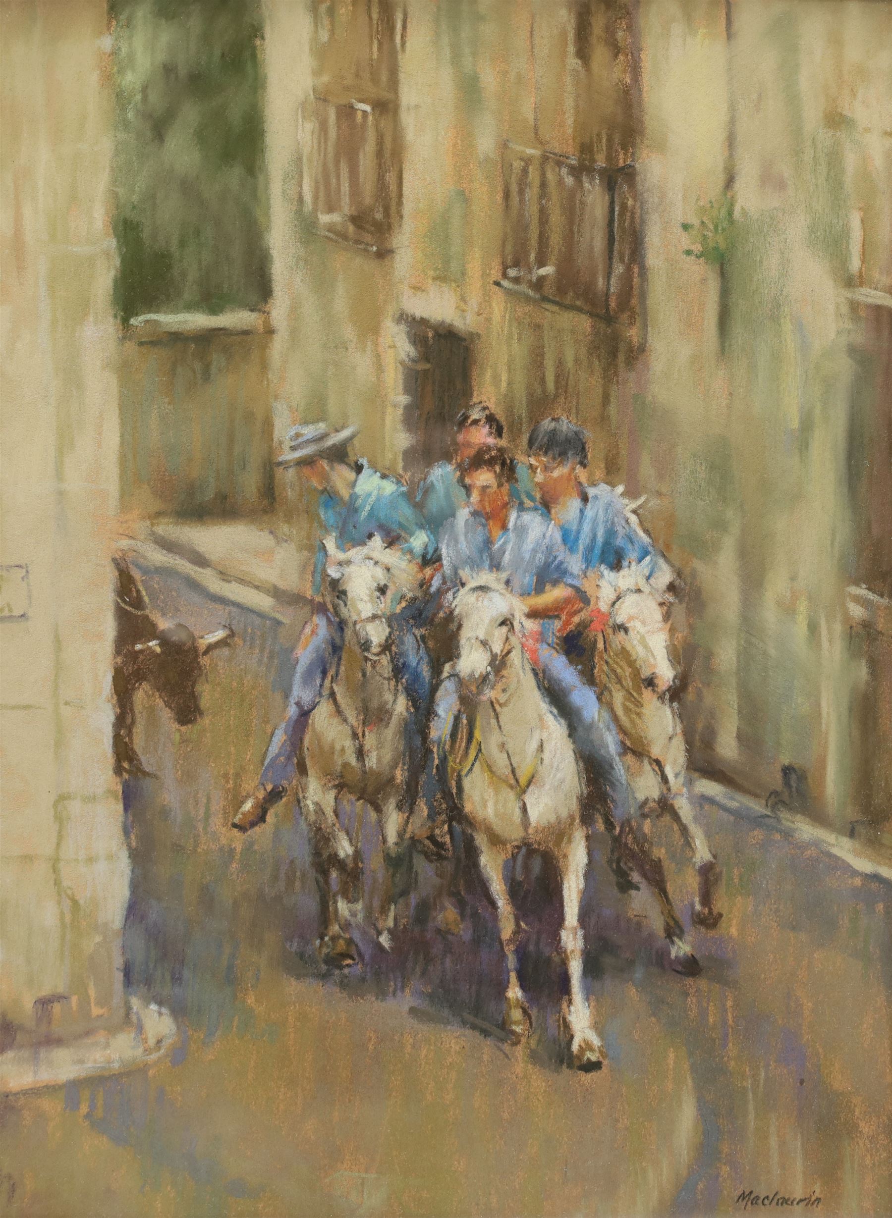 Pat Maclaurin (British 1933-2022): 'Bull Run in Soubes', pastel signed 38cm x 28cm